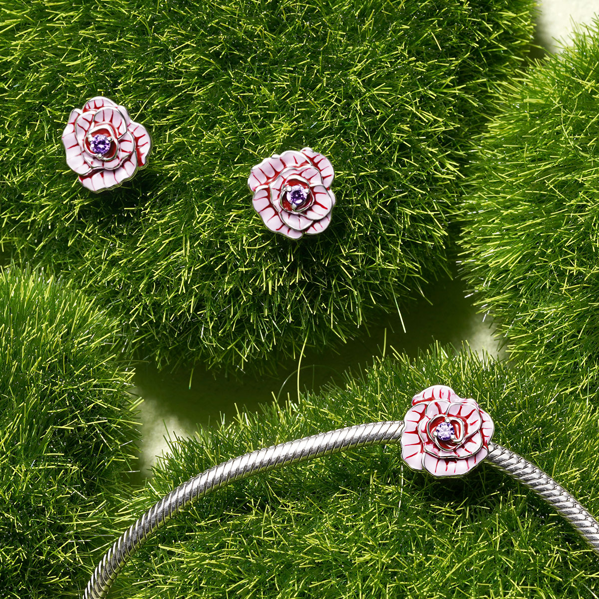 Gnoce Pink Rose Flower Stud Earrings_2