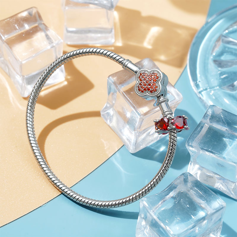 Gnoce Pomegranate Red Lucky Clover Basic Snake Chain Bracelet_3