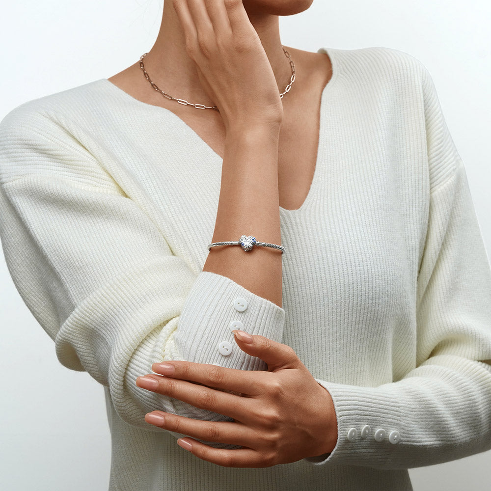 Gnoce Blue Flowers Engravable Basic Snake Chain Bracelet_4