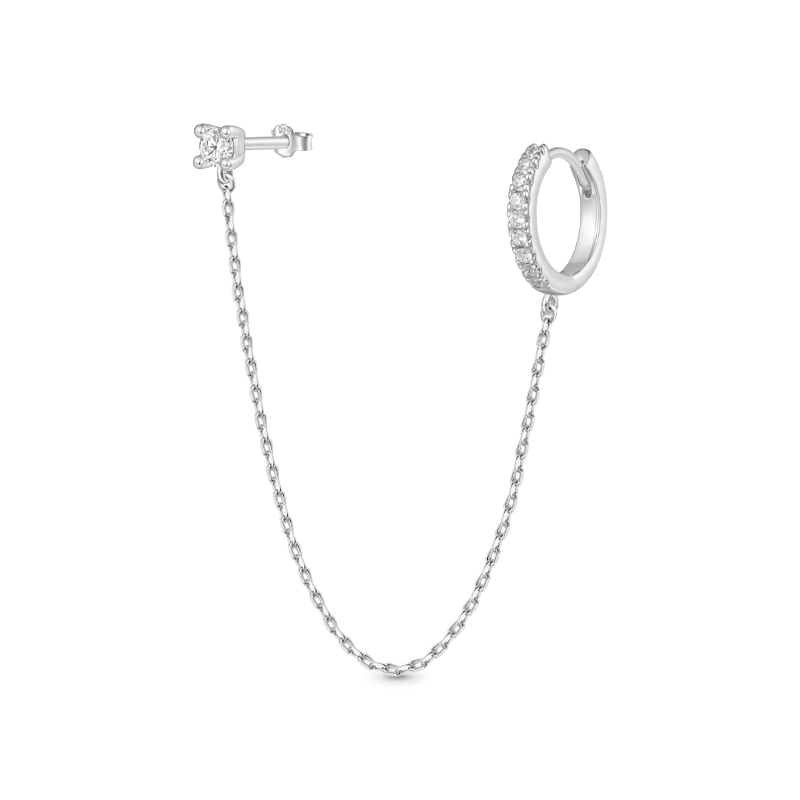 Gnoce Double Piercing Chain Hoop with CZ Stud Earrings_2