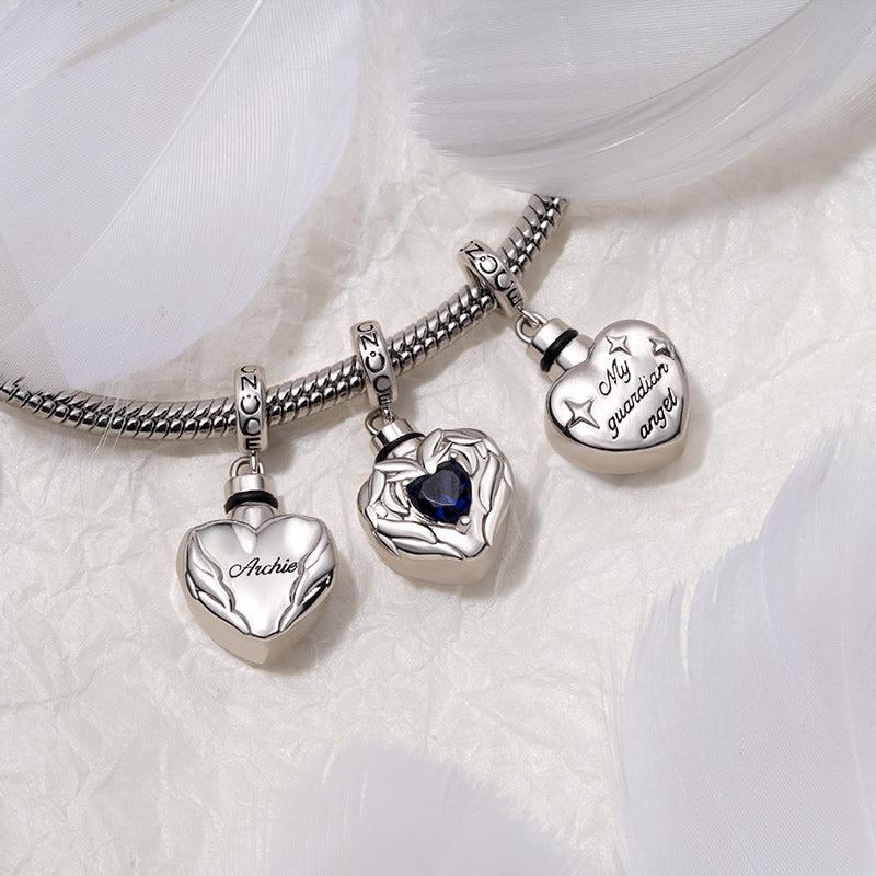 Gnoce Engravable Birthstone Angel Wings Heart Memorial Urn Ashes Pendant Dangle Charm_4