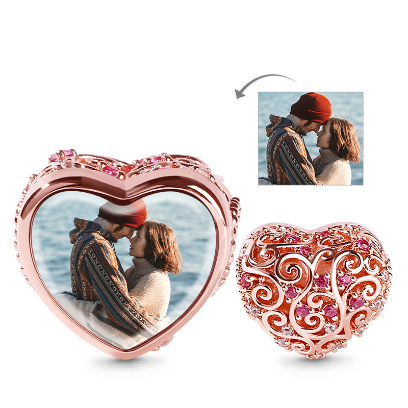 Gnoce "Soulmate" 18k Rosegold Plated Heart shaped Hollow Photo Beads Charm with Red Stone_1