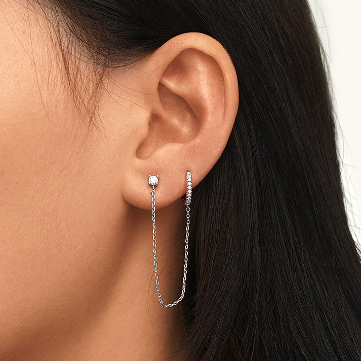 Gnoce Double Piercing Chain Hoop with CZ Stud Earrings_6