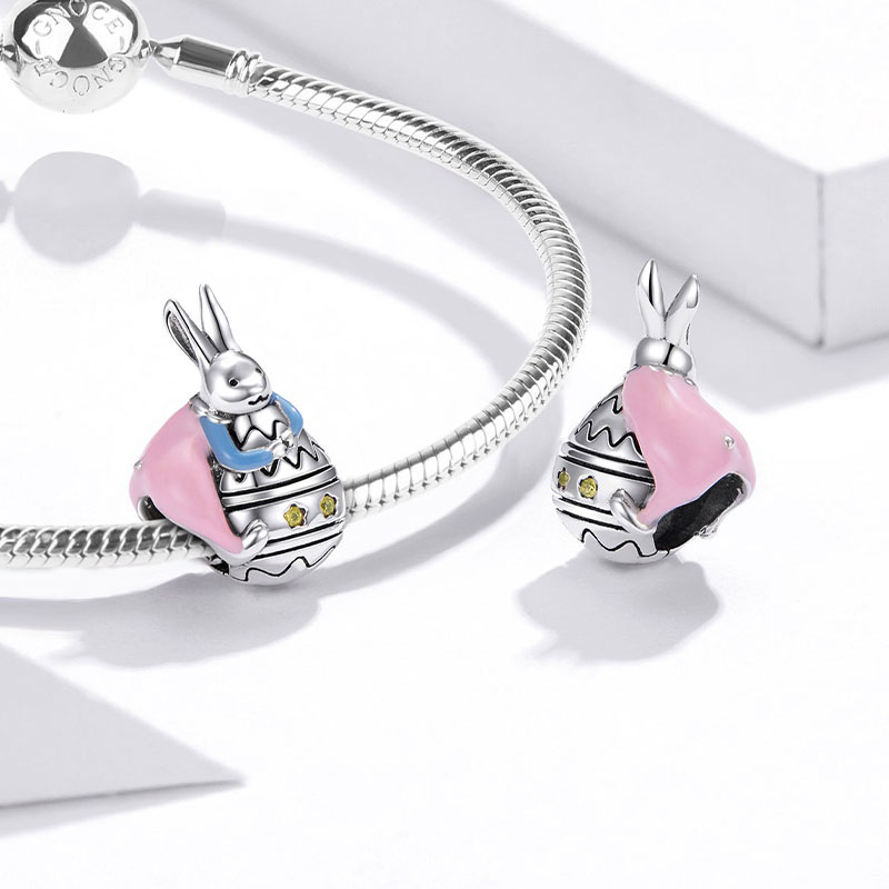 Cute Bunny Holding Easter Egg Charm Bead 925 Sterling Silver_2