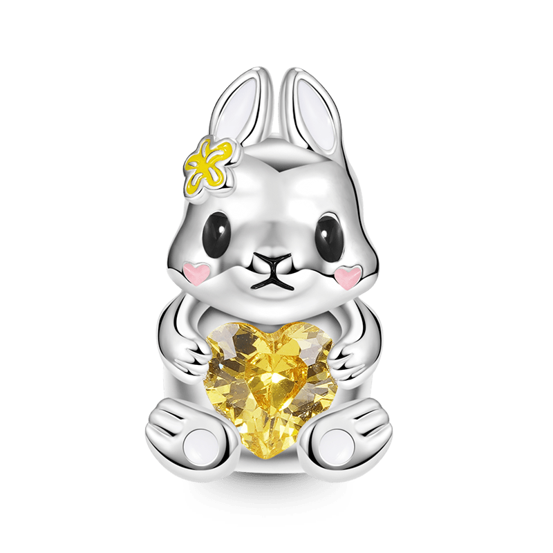 Cute Rabbit Embraces Heart Gemstone Charm Bead 925 Sterling Silver with Yellow & Pink Enamels_1