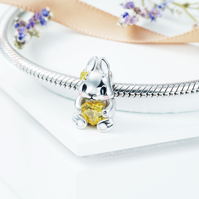 Cute Rabbit Embraces Heart Gemstone Charm Bead 925 Sterling Silver with Yellow & Pink Enamels_3