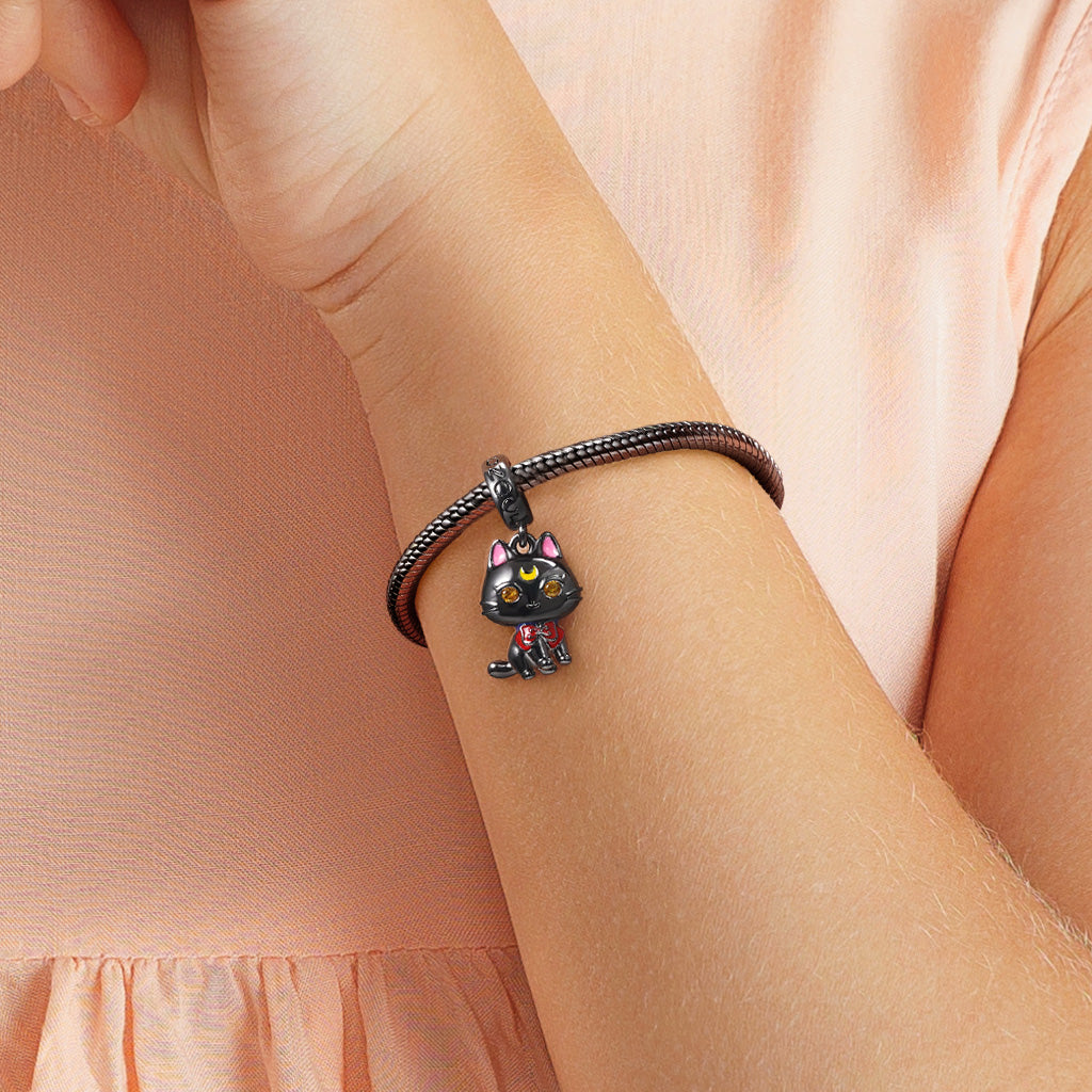 Cute Black Cat Pendant Dangle Charm 925 Sterling Silver Black Plated Eyes Inlaid with Yellow Zircon Stones_4