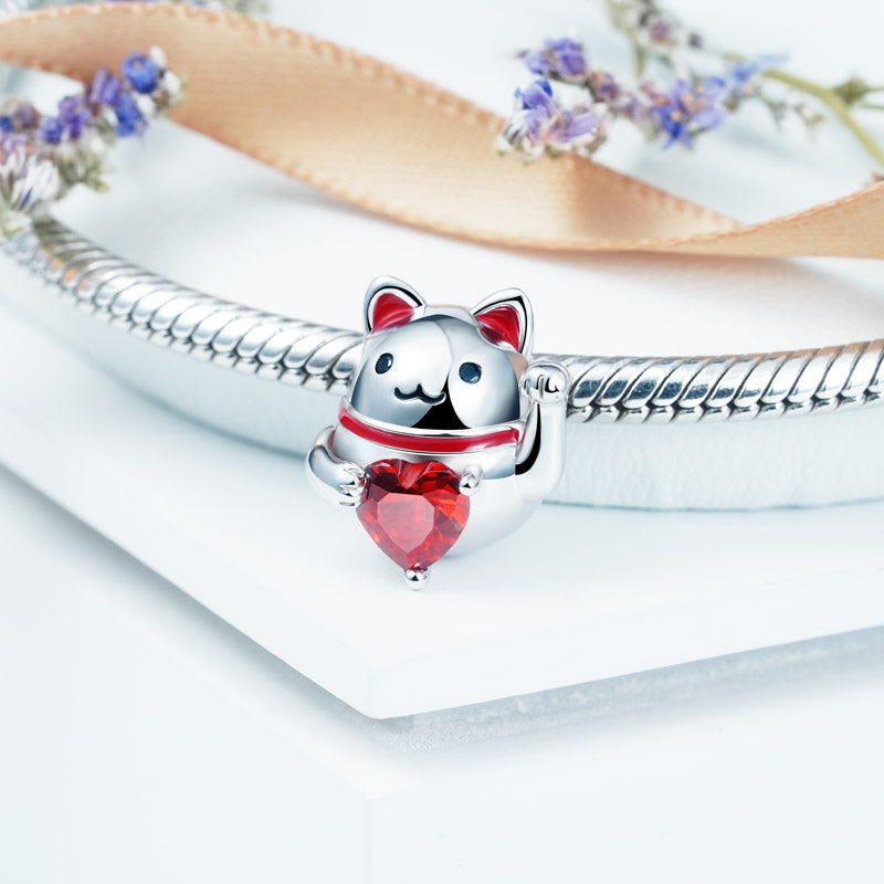 Lucky Cat Embraces Heart Gemstone Charm Bead 925 Sterling Silver_2