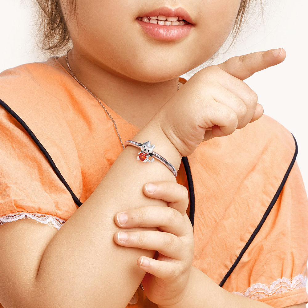 Lovely Cat Embrace Hearts Gem 925 Sterling Silver Charm Bead_4