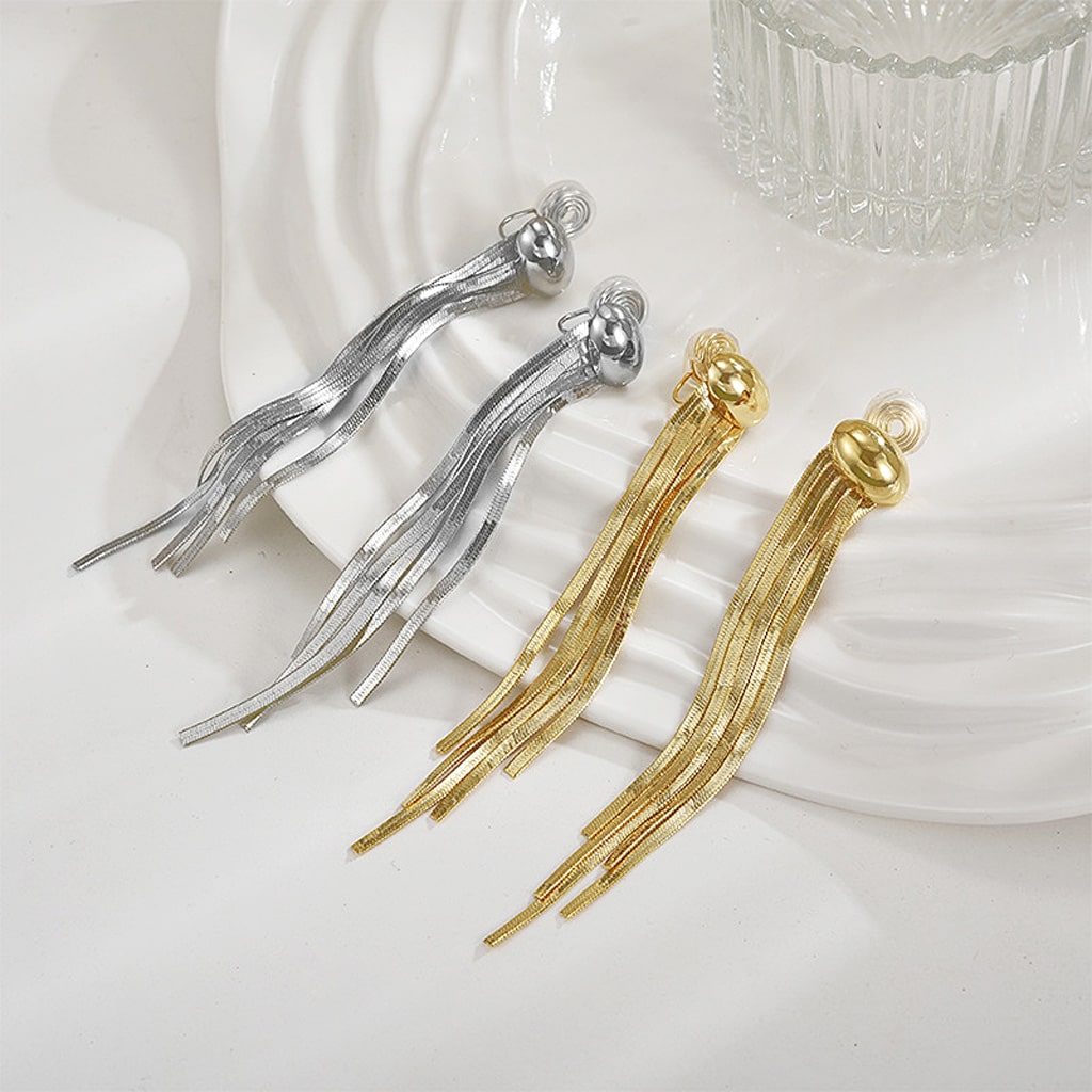 Gnoce Long Tassel Metal Bean Ear Clips_3