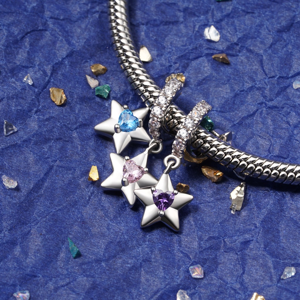 Gnoce Engravable Stars Three Birthstone Pendant Dangle Charm_5