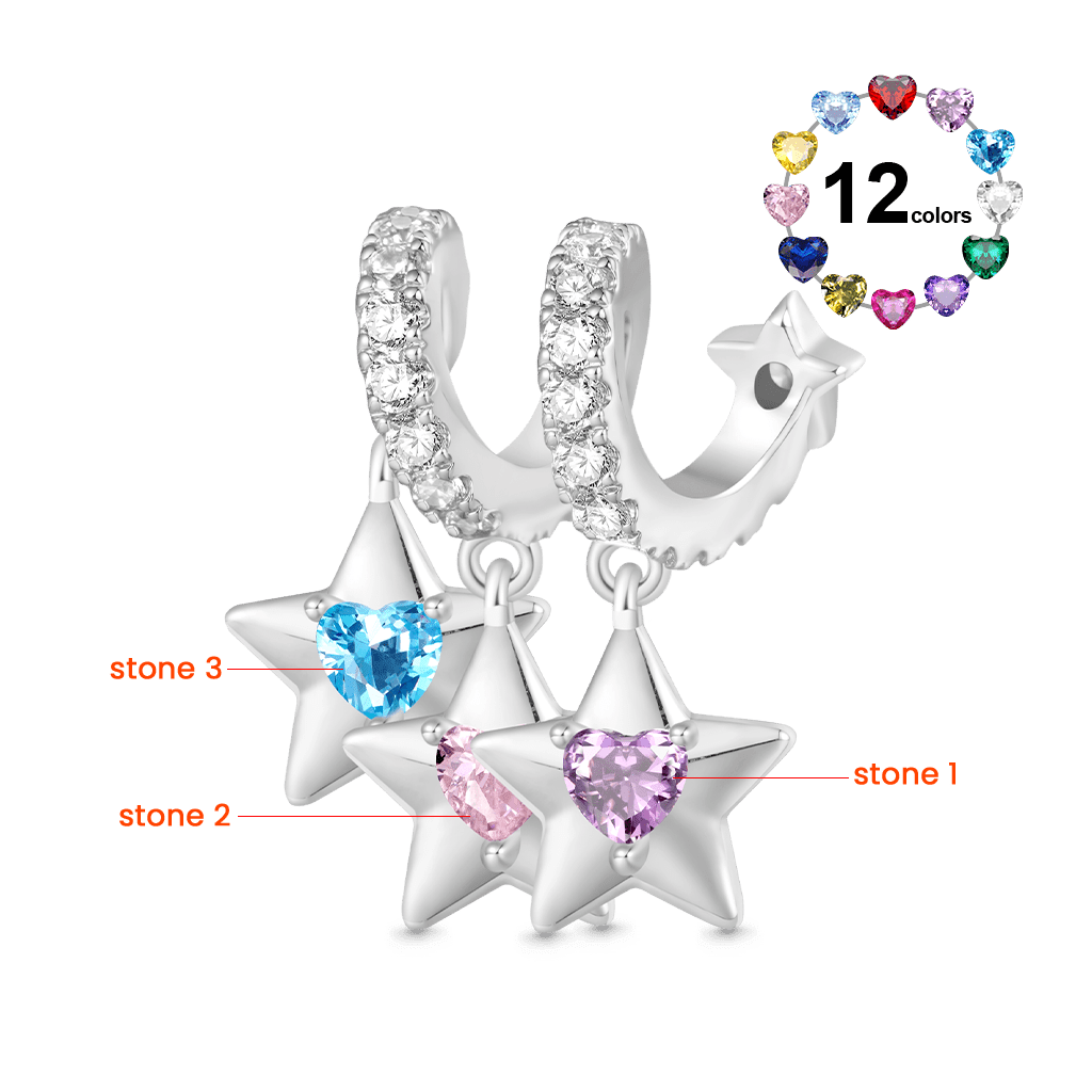 Gnoce Engravable Stars Three Birthstone Pendant Dangle Charm_2