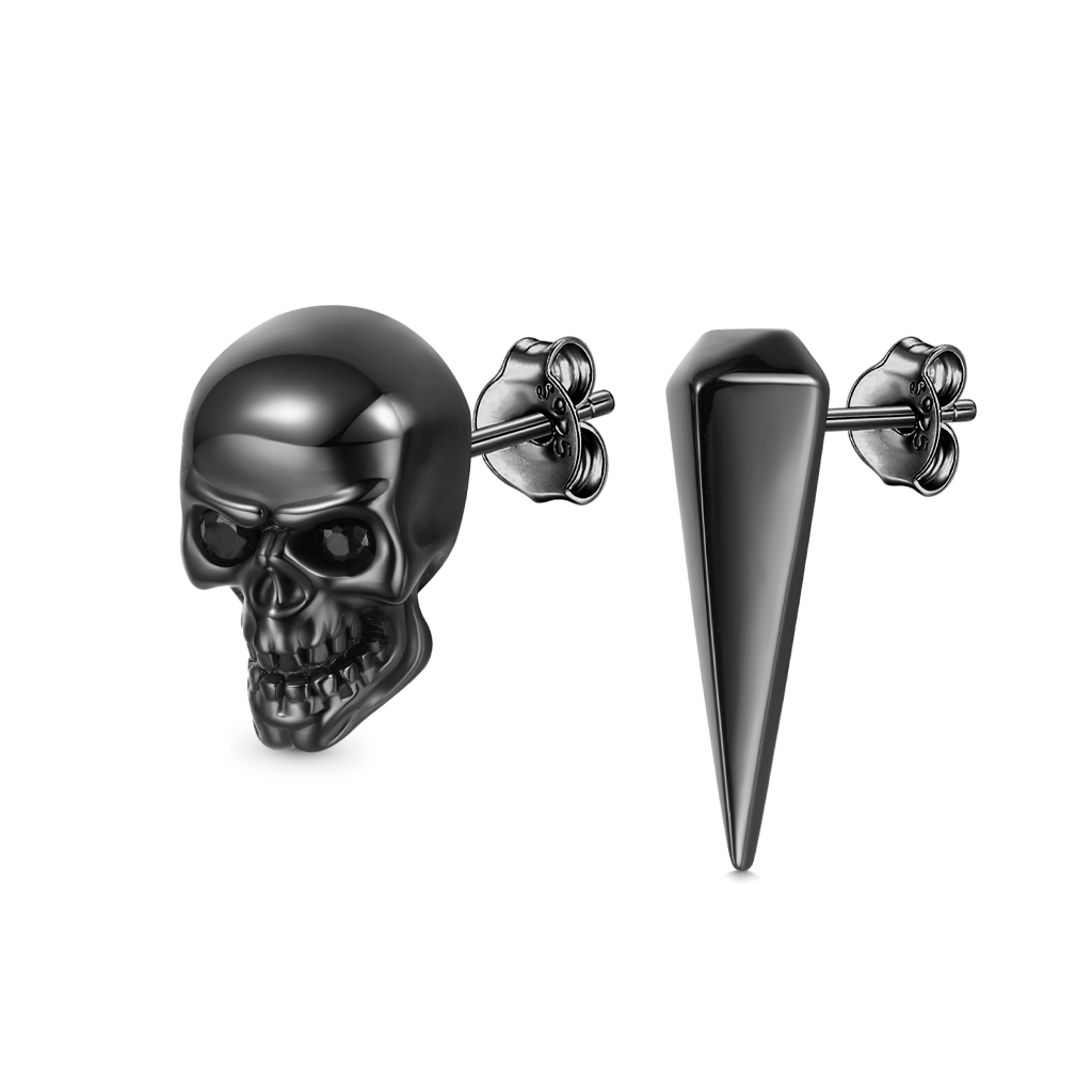Gnoce Punk Gothic Black Skull Stud Earrings_2