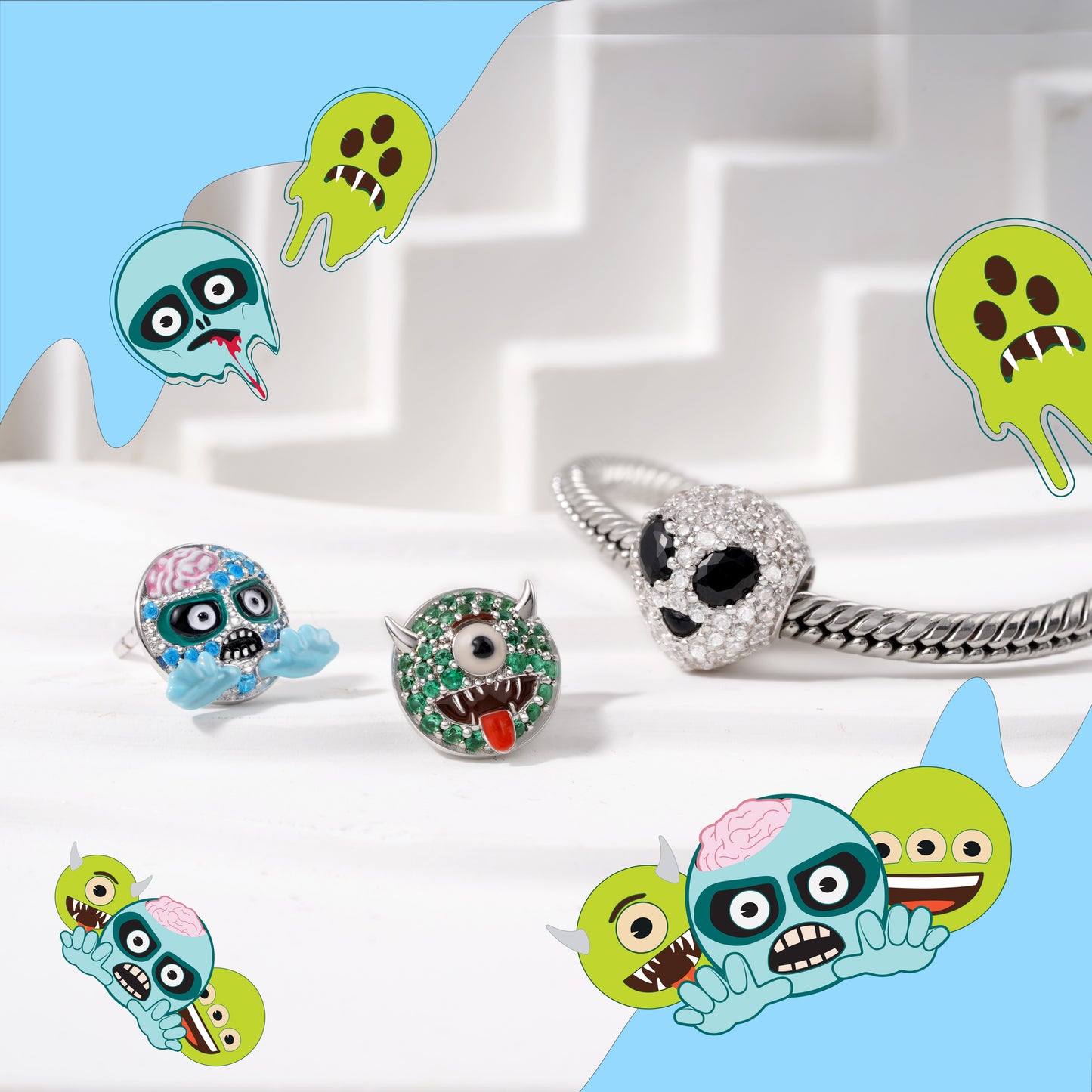 Gnoce emoji Zombie & Monster Asymmetric Stud Earrings_3