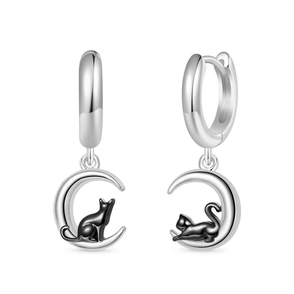 Gnoce Black Cat Moon Asymmetric Hoop Earrings_2
