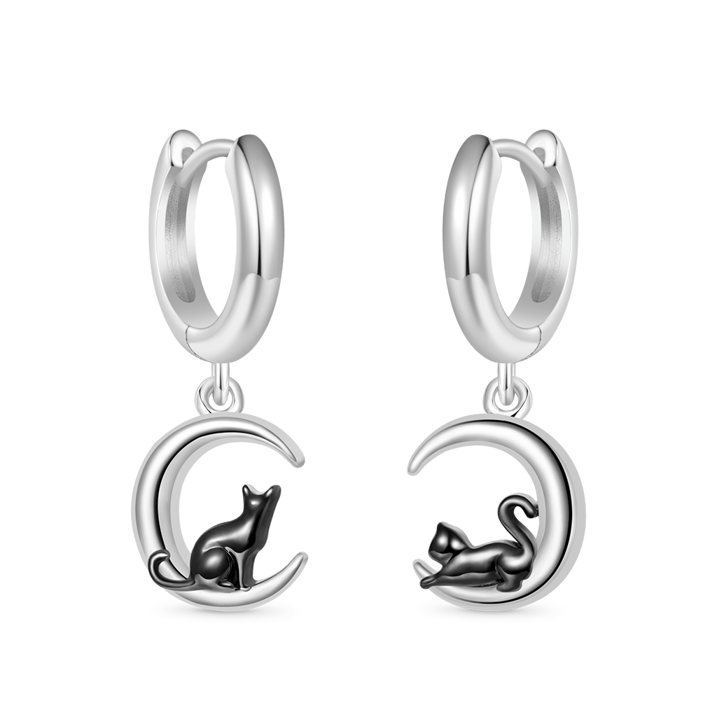 Gnoce Black Cat Moon Asymmetric Hoop Earrings_1