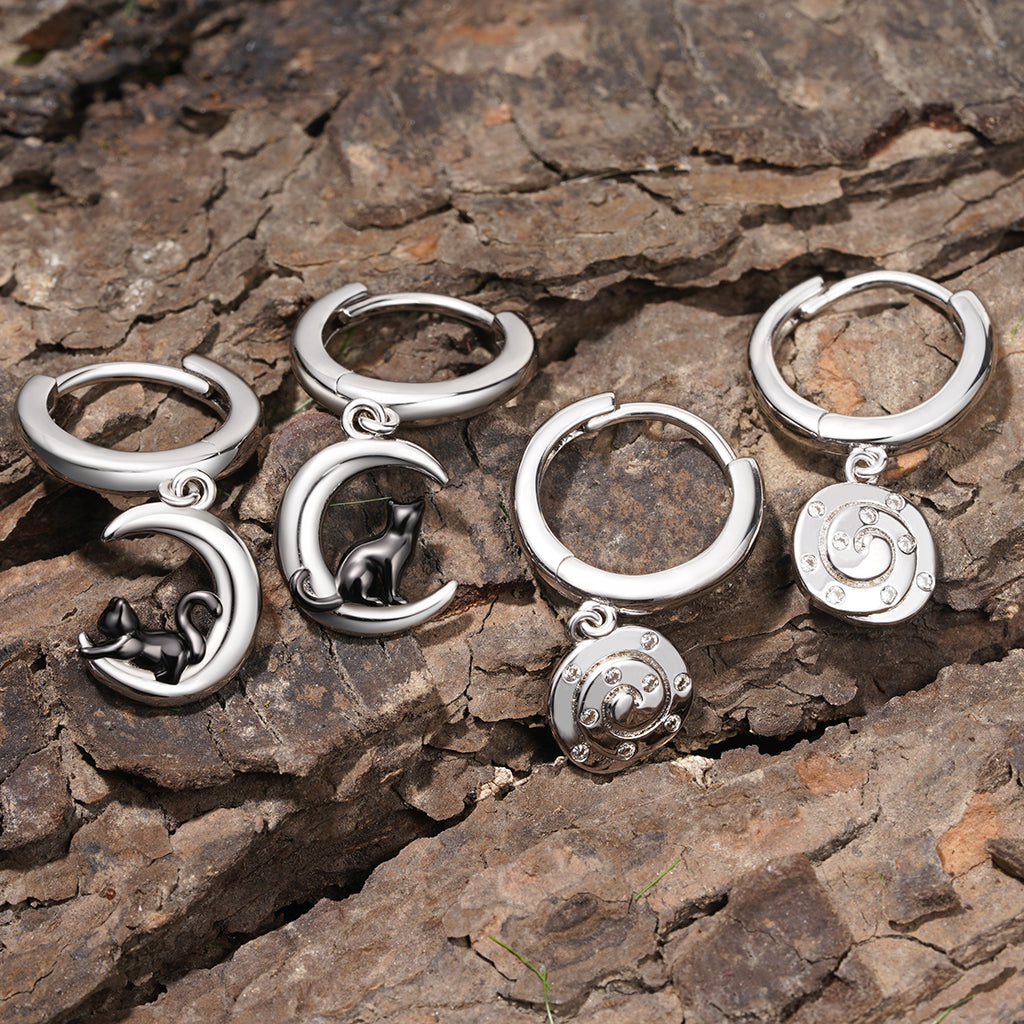 Gnoce Black Cat Moon Asymmetric Hoop Earrings_3