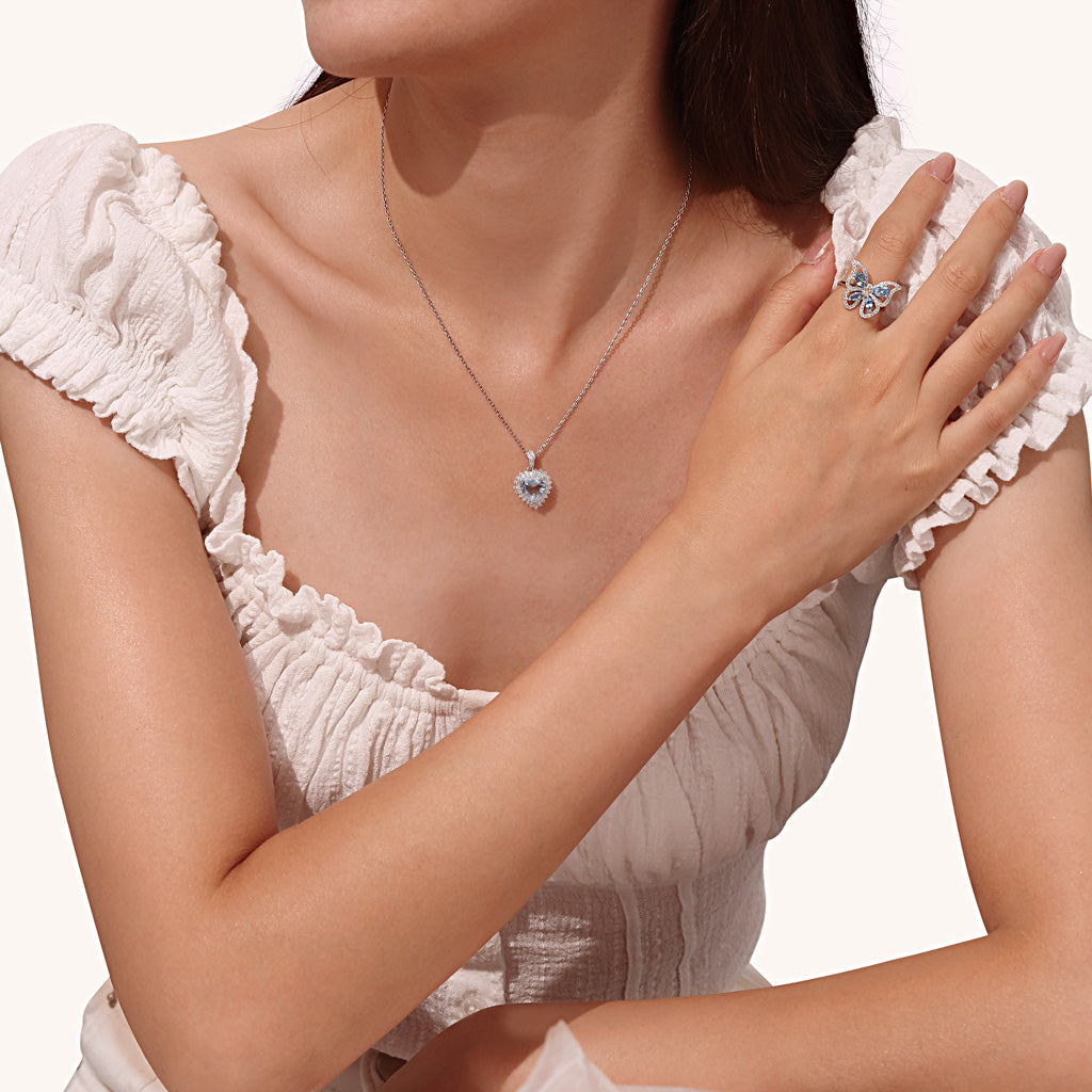 Gnoce Elegant Blue Topaz Heart Pendant Necklace_5