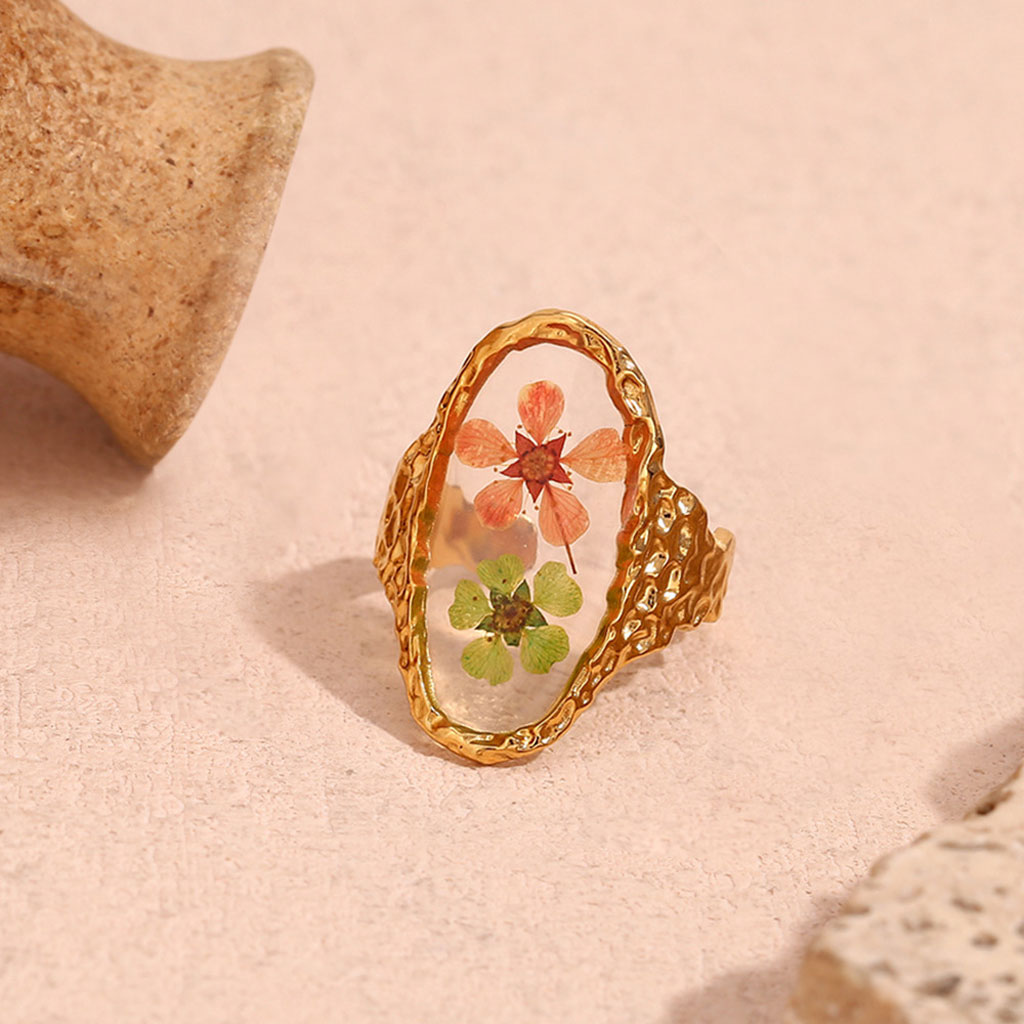 Gnoce Hammered Transparent Oval Flower Open Ring_2