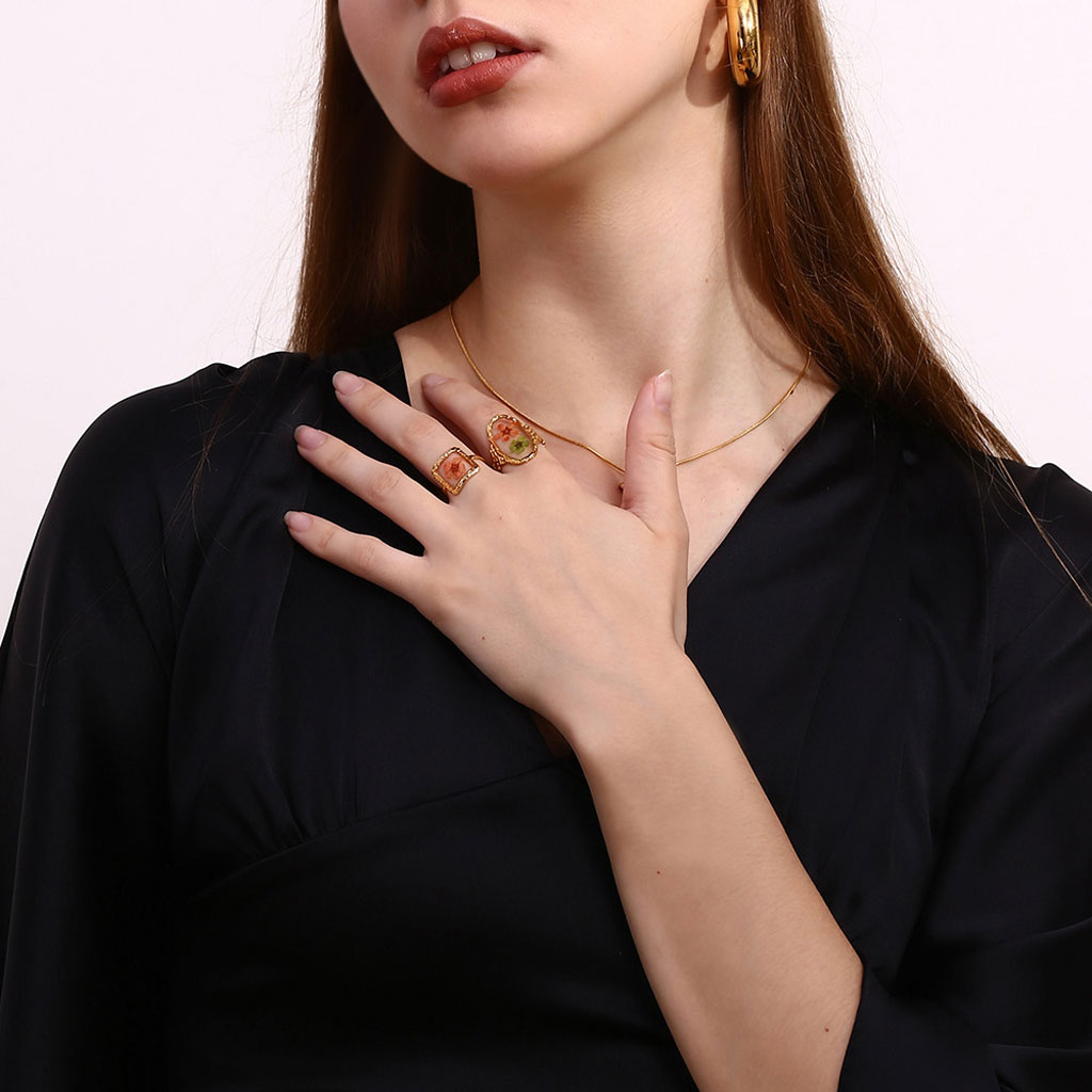 Gnoce Hammered Transparent Oval Flower Open Ring_3