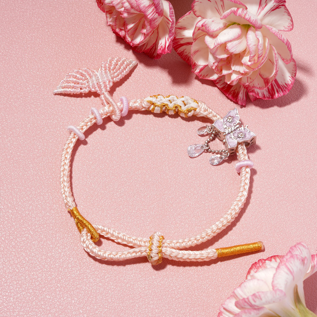 Gnoce Mermaid Pink Tail Peach Blossom Hand-woven Bracelet with Butterfly Charm_3