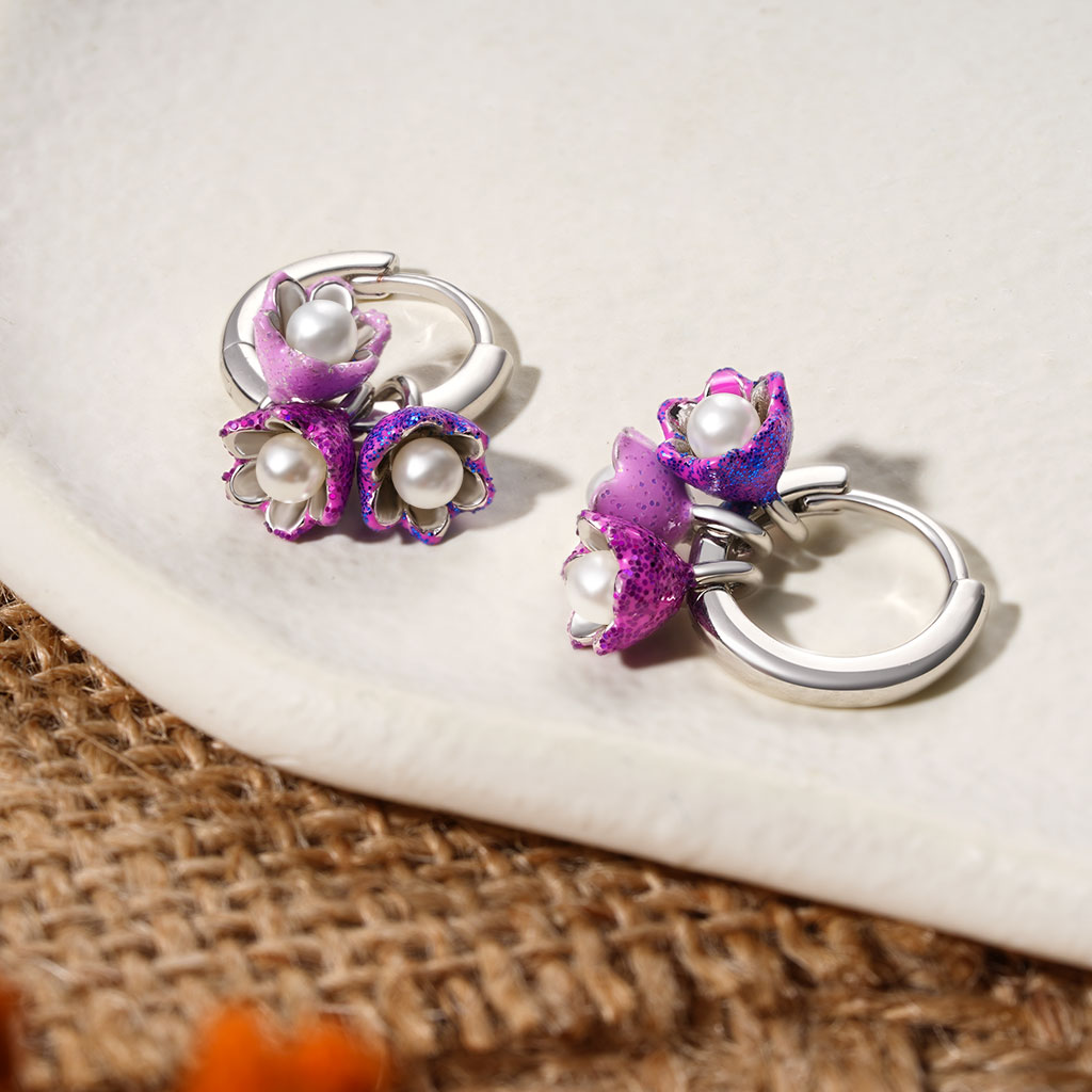 Gnoce Purple Tulip Pearl Stamen Hoop Earrings_3