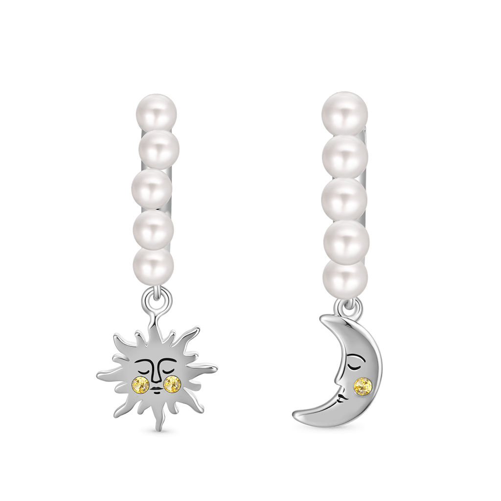 Gnoce Asymmetry Sun & Moon Face Pearl Hoop Earrings_1