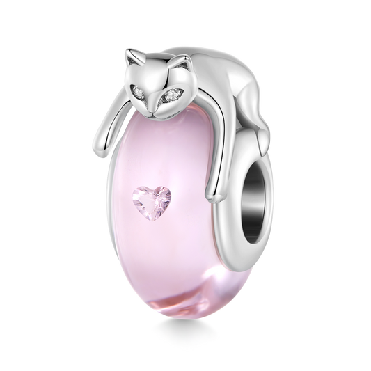 Gnoce Cute Cat Lying on Pink Glass Charm_1