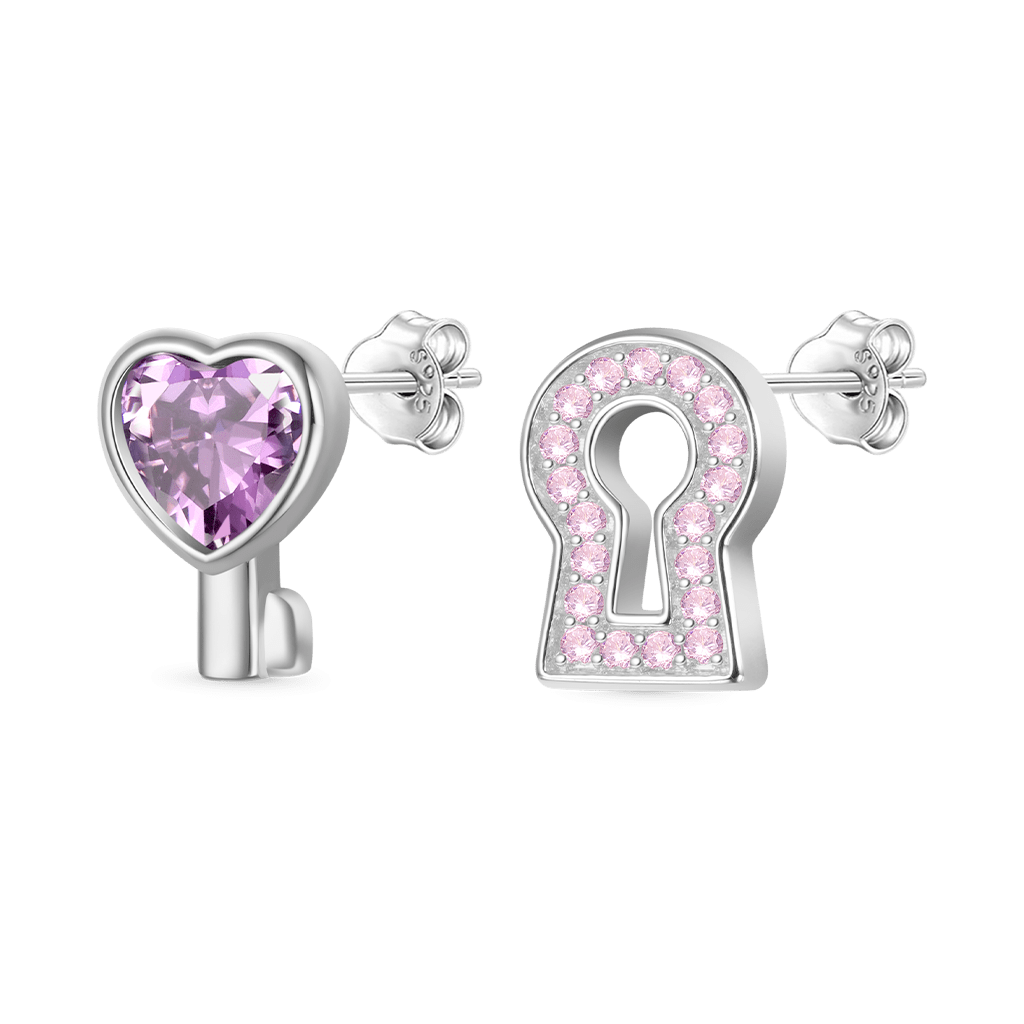 Gnoce 'Love Edge' Key Lock Birthstone Stud Earrings_3