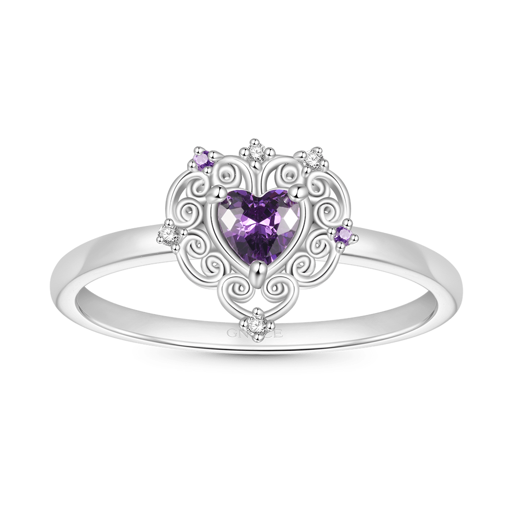 Gnoce Vintage Purple CZ Hollow Pattern Heart Ring_1