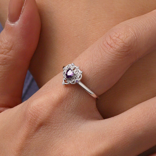 Gnoce Vintage Purple CZ Hollow Pattern Heart Ring_5