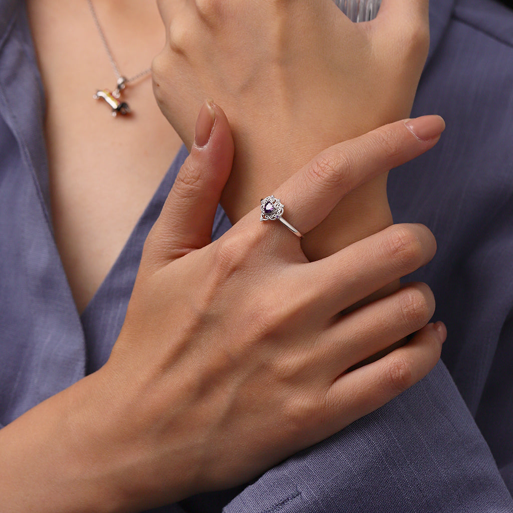 Gnoce Vintage Purple CZ Hollow Pattern Heart Ring_4