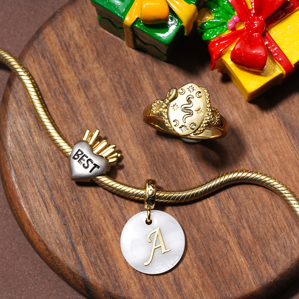 Gnoce Natural Freshwater Shell Round Gold 26 Letters Pendant Dangle Charm_5