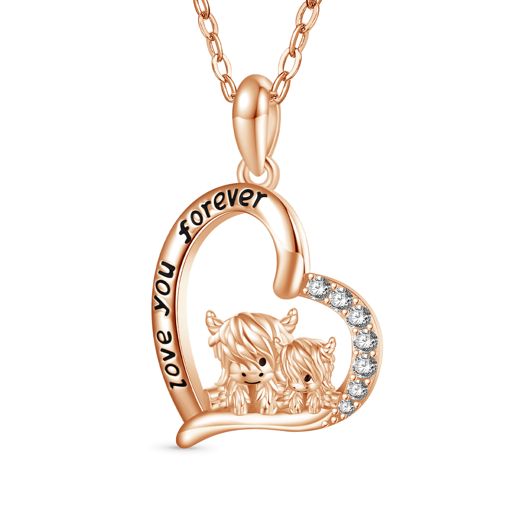 Gnoce Rose Gold "I love you forever" Highland Cow Heart Necklace_1