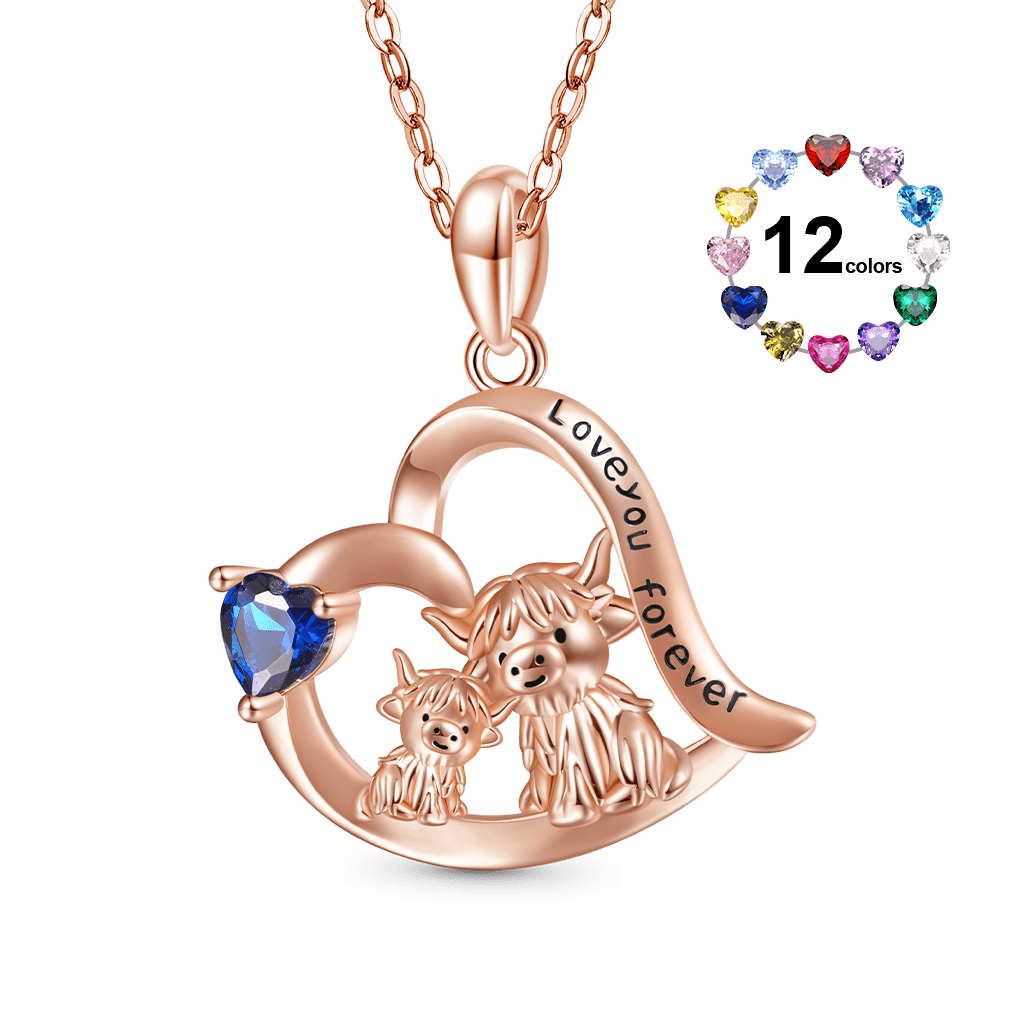 Gnoce "I love you forever" Highland Cow Heart Birthstone Necklace_1