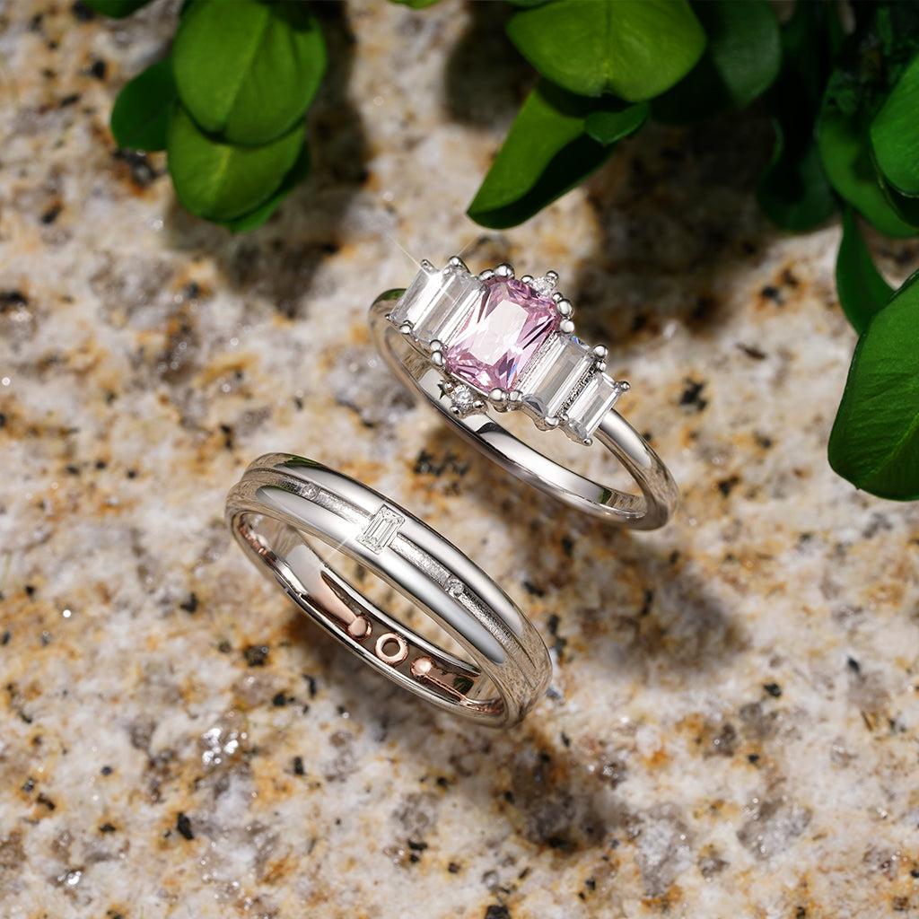 Gnoce Pink Cubic Zirconia Wedding Couple Rings_3