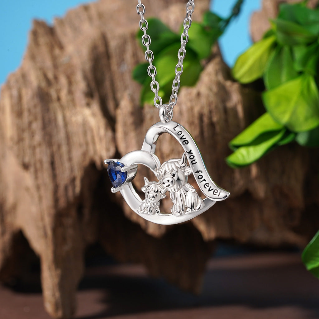 Gnoce Highland Cow Mother Child Heart Birthstone Necklace_4