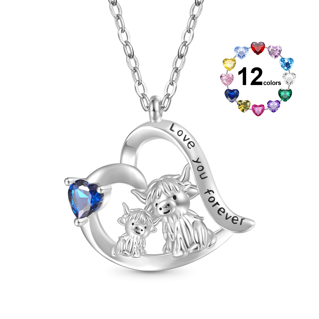 Gnoce Highland Cow Mother Child Heart Birthstone Necklace_1