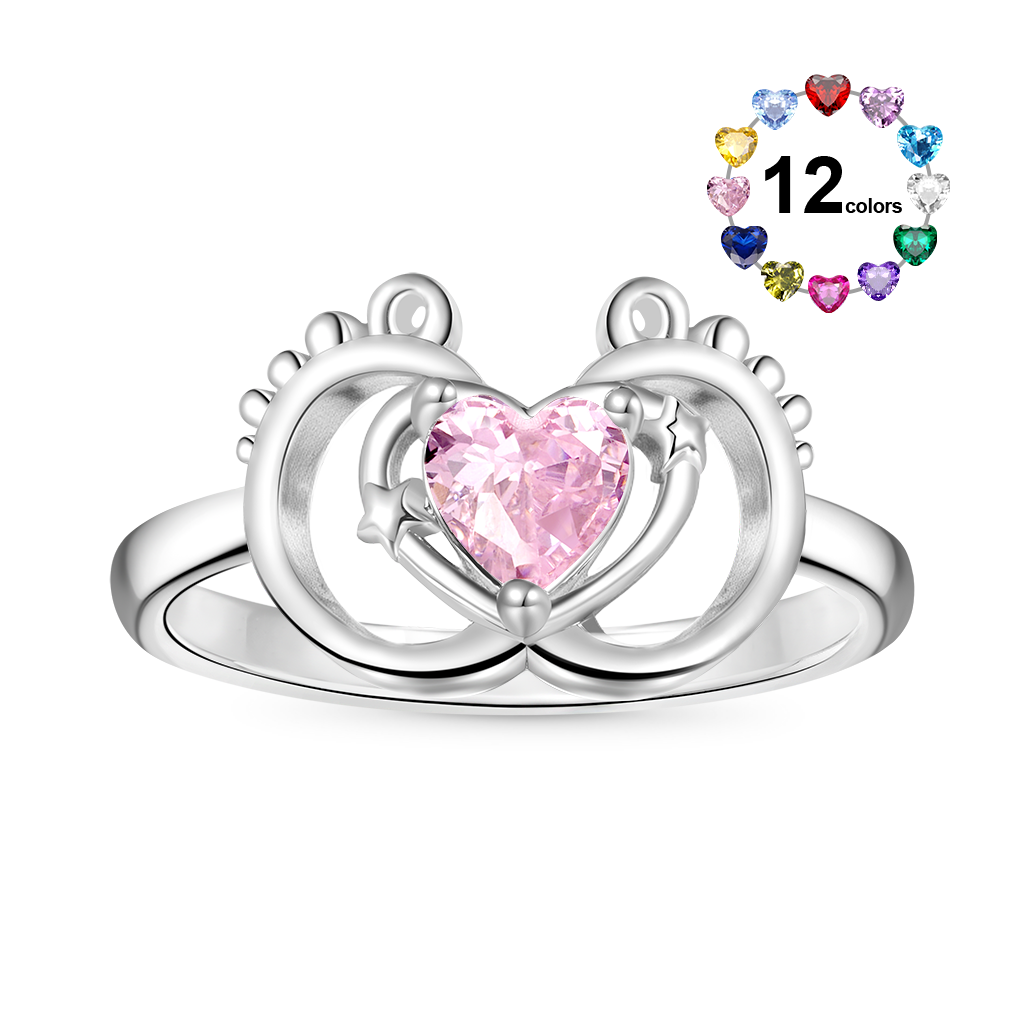 Gnoce Baby Footprint Heart Birthstone Ring_1