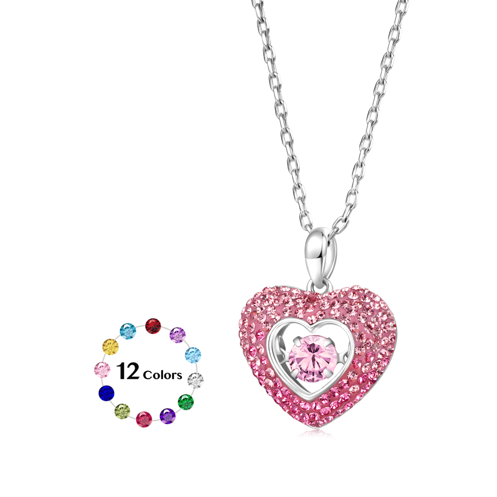 Sparkling Pavé Heart Dancing Birthstone Pendant Necklace_1