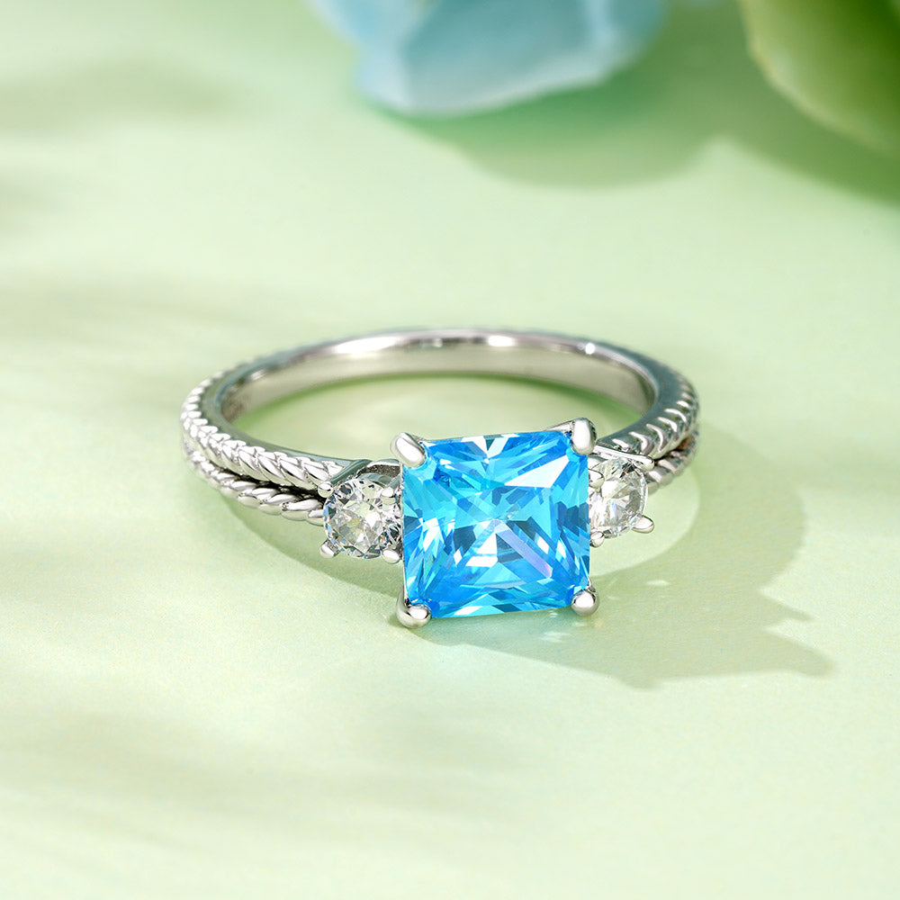 Gnoce Blue Pricess Cut Three-stone Engagement Ring_4