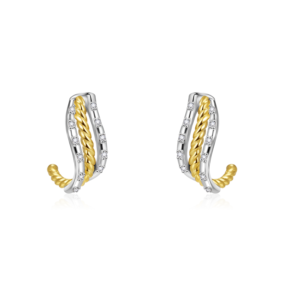 Gnoce Twisted Shape Two Tone Paved C-hoop Stud Earrings_1