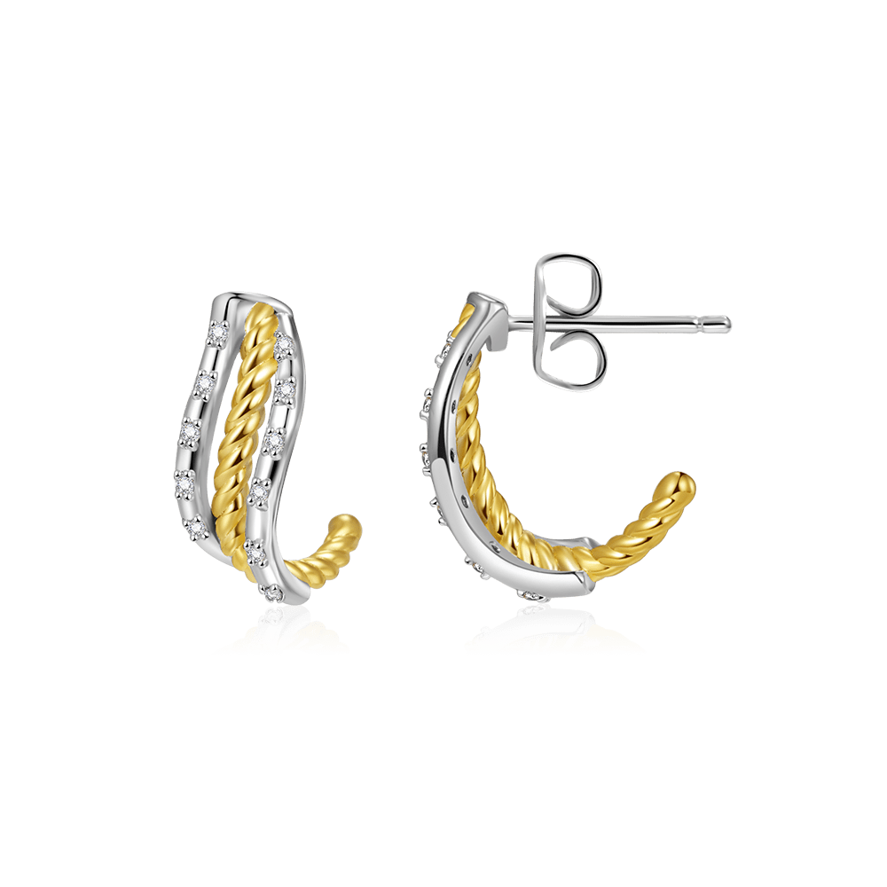 Gnoce Twisted Shape Two Tone Paved C-hoop Stud Earrings_2