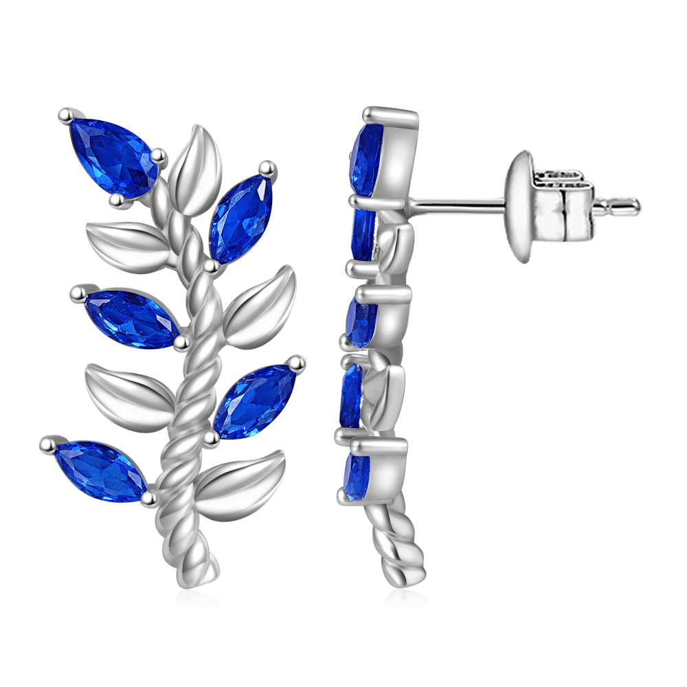 Gnoce Leaf & Stem Blue Gems Stud Earrings_2