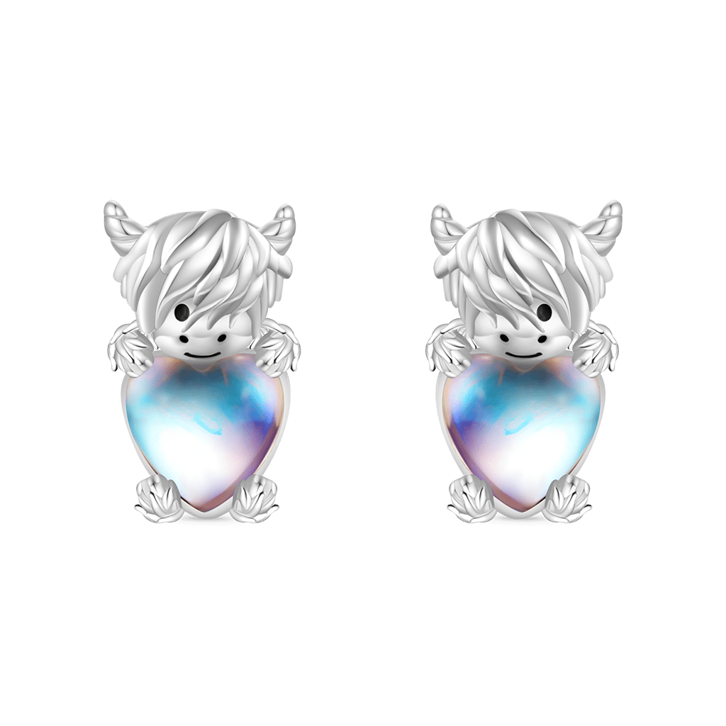 Gnoce Highland Cow Embraces Heart Moonstone Stud Earrings_1