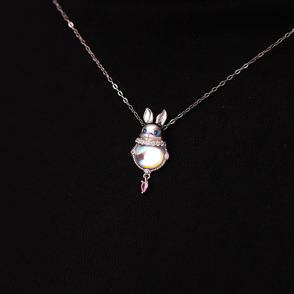 Gnoce Moonstone Easter Rabbit Pink Zircon Necklace_6