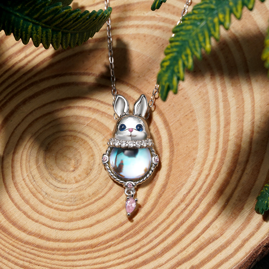 Gnoce Moonstone Easter Rabbit Pink Zircon Necklace_4