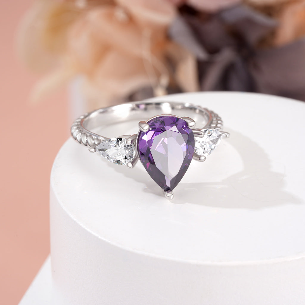 Gnoce Pear Amethyst Three-stone Twisted Rope Engagement Ring_5