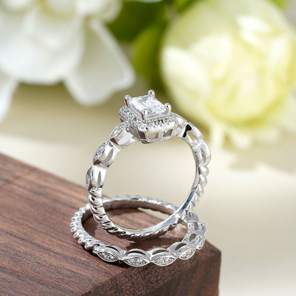 Gnoce Vintage Emerald Cut Halo Engagement Ring Set_5