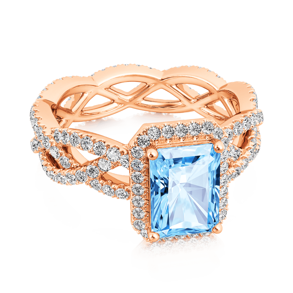 Gnoce Aquamarine Radiant-cut Halo Crossover Band Engagement Ring_2